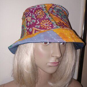 Kantha & Denim Bucket Hat Reversible Green Wine Marigold Small Patchwork BHAT12.